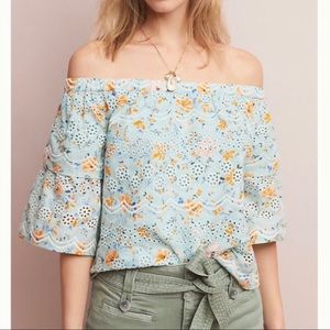 Anthropologie Laia Blouse Women's Small Eyelet Ruffle Butterfly Sleeve Floral